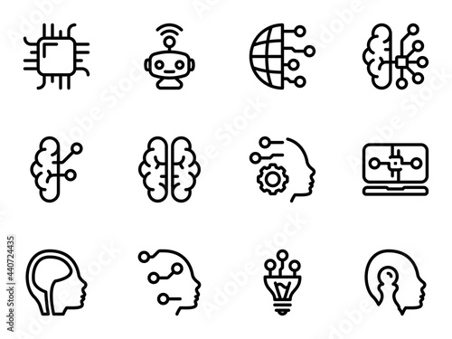 Set of black vector icons, isolated against white background. Flat illustration on a theme Artificial intelligence, integration with the human brain. Line, outline, stroke