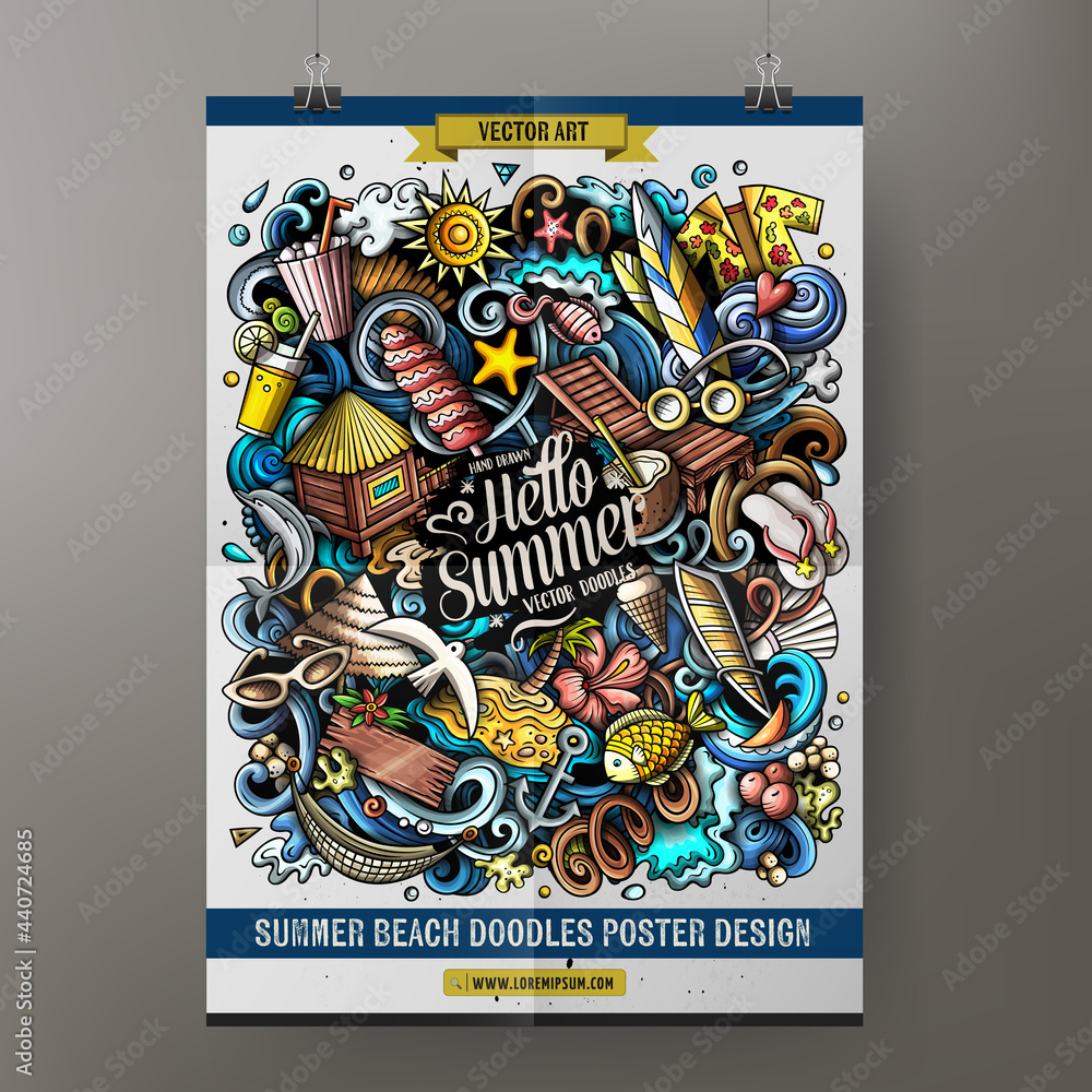 Obraz premium Cartoon vector doodles Summer Beach poster template.