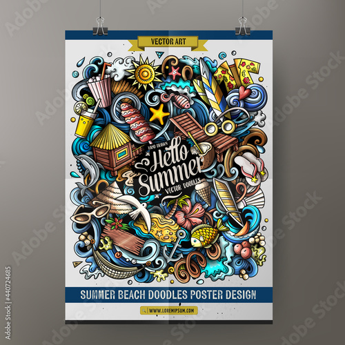 Cartoon vector doodles Summer Beach poster template.