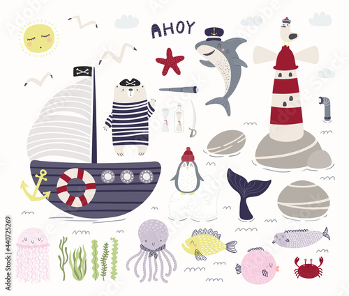 Sea, ocean clipart set, bear pirate, ship, lighthouse, shark, animals, fish, isolated on white. Hand drawn vector illustration. Scene creator. Scandinavian style flat design. Concept for kids print