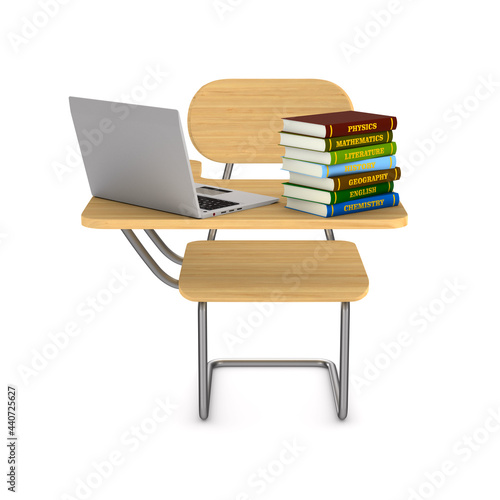 School desk, pile books and laptop on white background. Isolated 3D illustration