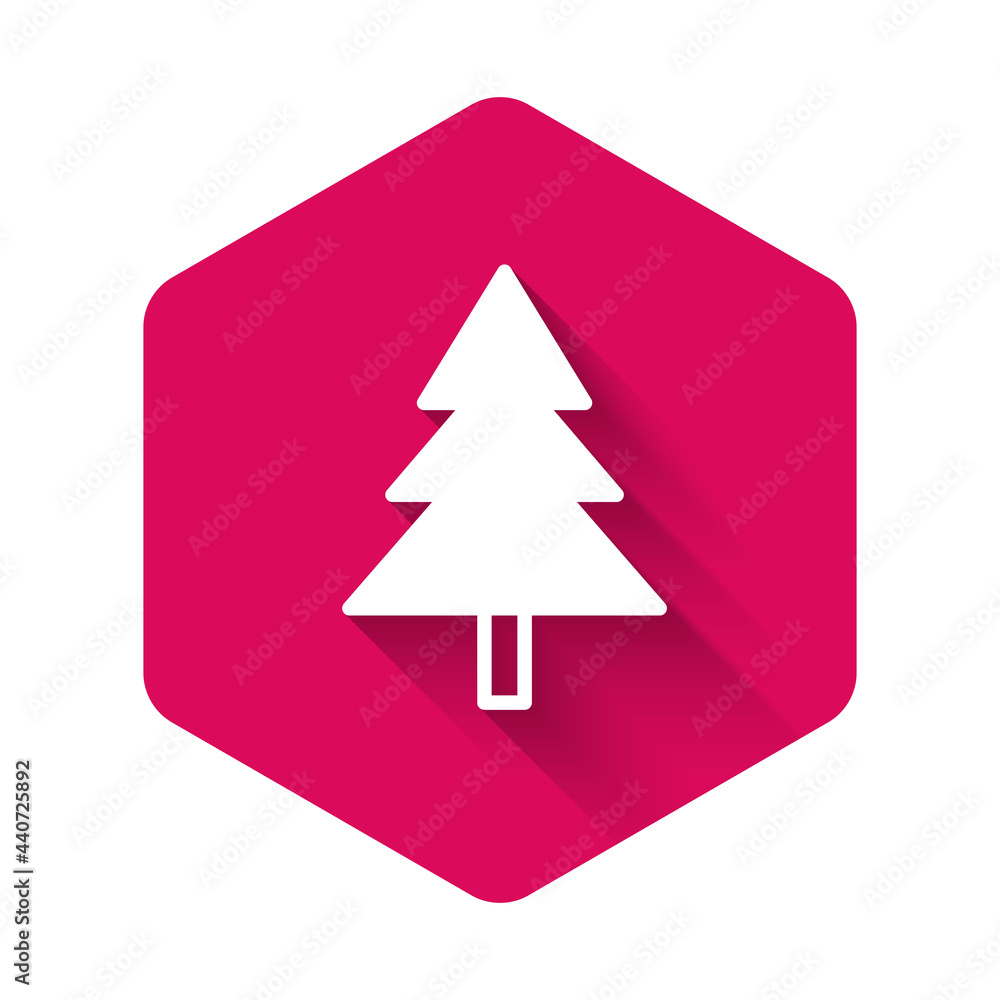 Obraz premium White Christmas tree icon isolated with long shadow. Merry Christmas and Happy New Year. Pink hexagon button. Vector