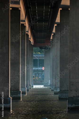 Stockholm, Sweden The underside of the Lidingo bridge at dawn. photo