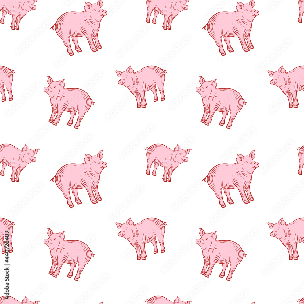 Vector seamless pattern with cute pigs, piglets on white background.
Vector seamless pattern with cute pigs, piglets on white background.