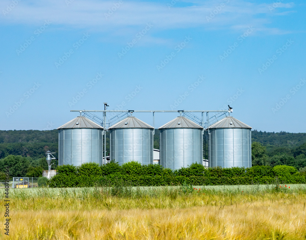 silo at the field for corn under blue sky silo at the field for corn under blue sky
