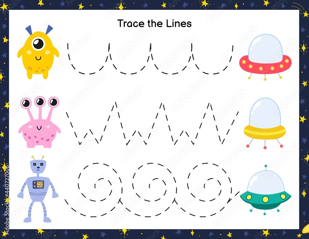 Trace lines from cute aliens to the flying saucers. Activity page for