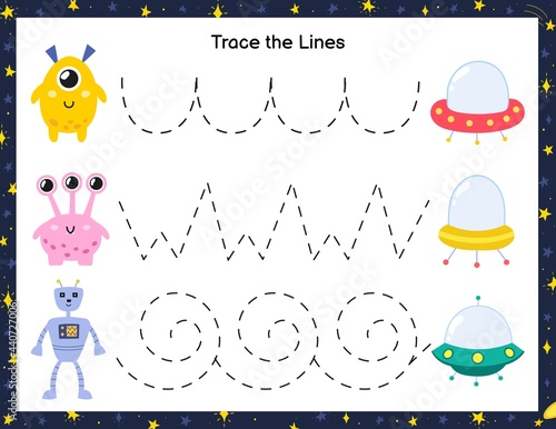Trace lines from cute aliens to the flying saucers. Activity page for kids. Handwriting practice worksheet with funny space characters. Educational game for preschool. Vector illustration