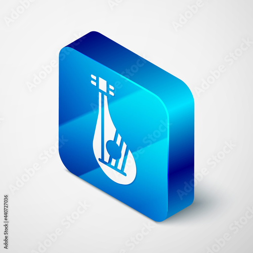 Isometric Ukrainian traditional musical instrument bandura icon isolated on grey background. Blue square button. Vector