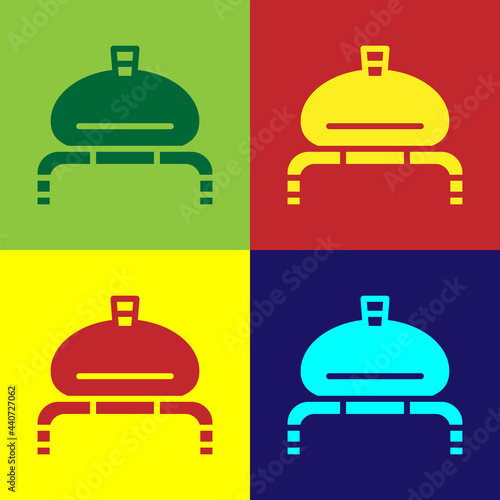 Pop art Bread and salt on towel icon isolated on color background. National food loaf. Traditional ukrainian wedding bread. Vector