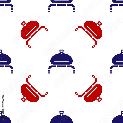 Blue and red Bread and salt on towel icon isolated seamless pattern on white background. National food loaf. Traditional ukrainian wedding bread. Vector