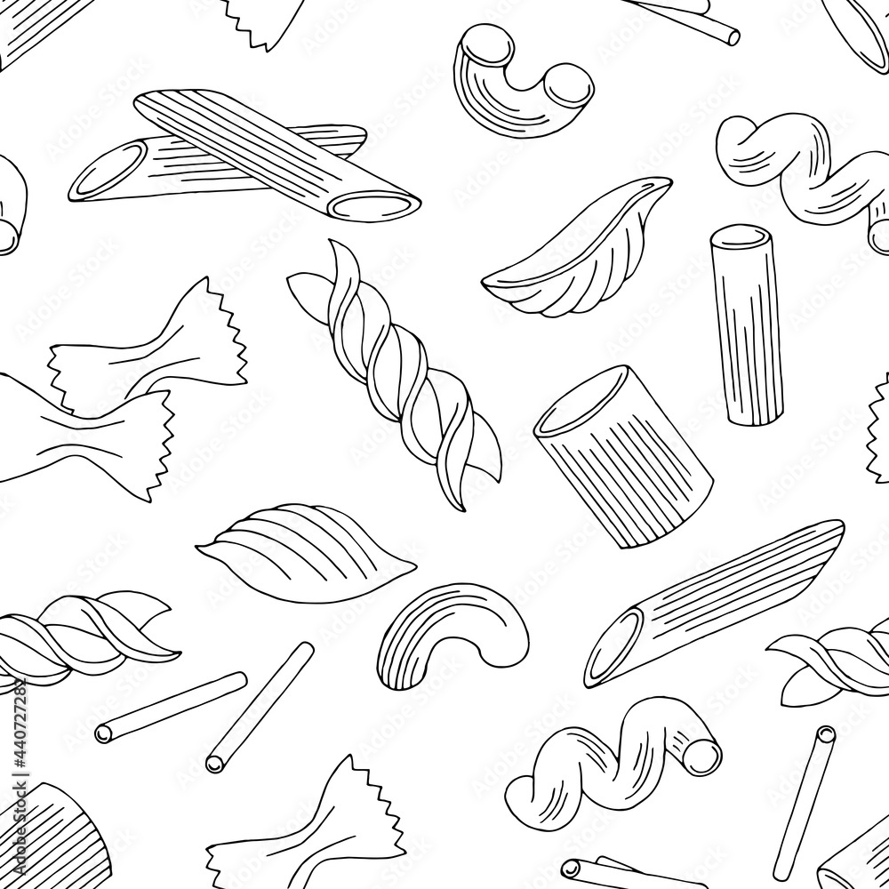 Pasta seamless pattern graphic black white sketch illustration vector