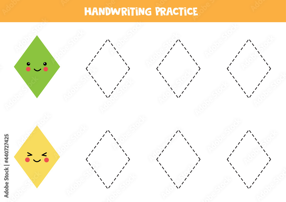 Trace contours of cute rhombus. Writing practice. Trace contours of cute rhombus. Writing practice.