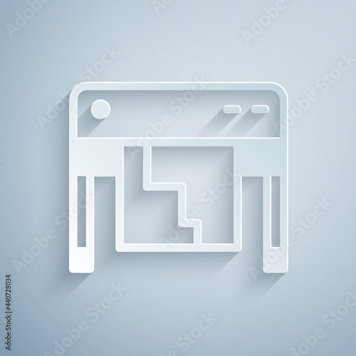 Paper cut Plotter icon isolated on grey background. Large format multifunction printer. Polygraphy, printshop service. Paper art style. Vector