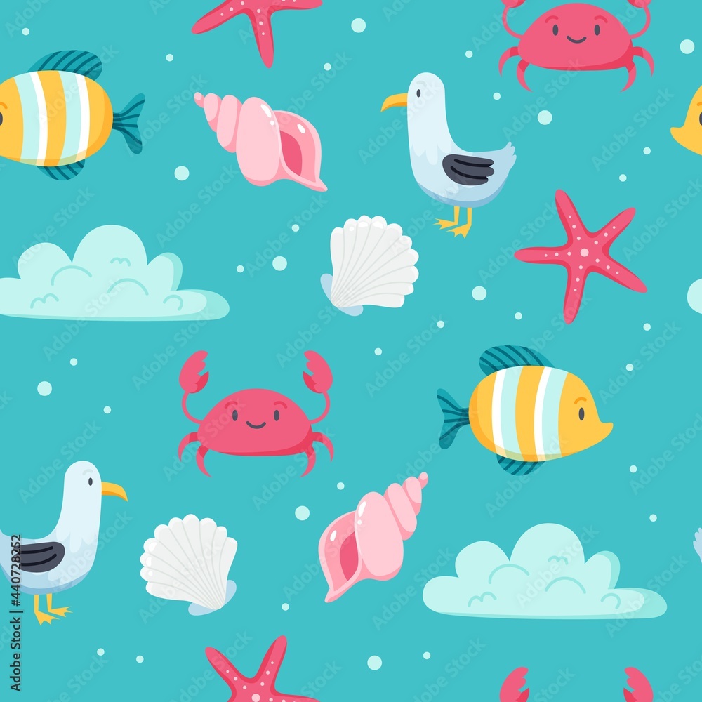 Summer sea pattern. Cute fish, seagull, crab, seashells. Hand drawn flat cartoon elements. Vector illustration Summer sea pattern. Cute fish, seagull, crab, seashells. Hand drawn flat cartoon elements. Vector illustration