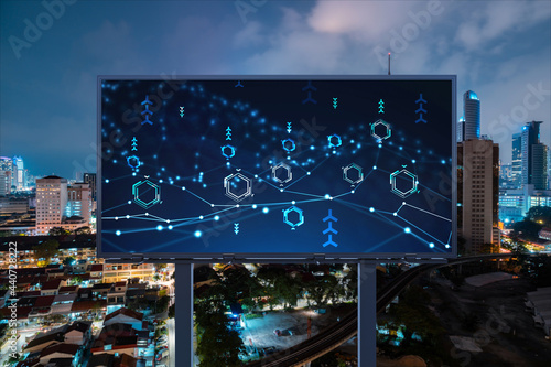 Photography Information flow hologram on road billboard, night panorama city view of Kuala Lumpur