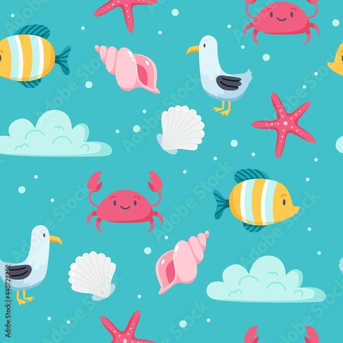 Summer sea pattern. Cute fish, seagull, crab, seashells. Hand drawn flat cartoon elements. Vector illustration