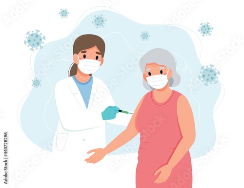 Vaccination for the elderly, senior woman and a doctor with a syringe. Concept vector illustration in flat cartoon style