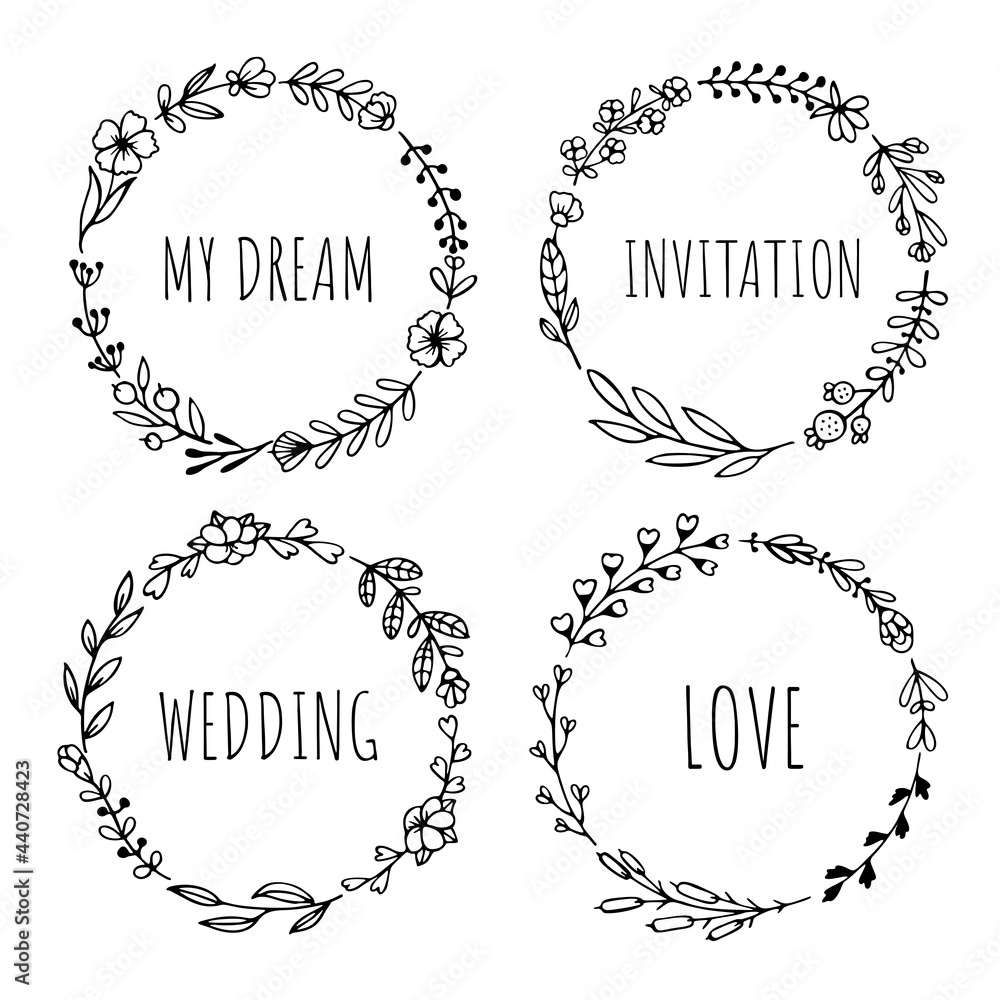 Set of black doodle round frames, vignettes for bullet journal, notebook, diary, and planner isolated on white background. Hand-drawn wreaths with space for your text Set of black doodle round frames, vignettes for bullet journal, notebook, diary, and planner isolated on white background. Hand-drawn wreaths with space for your text