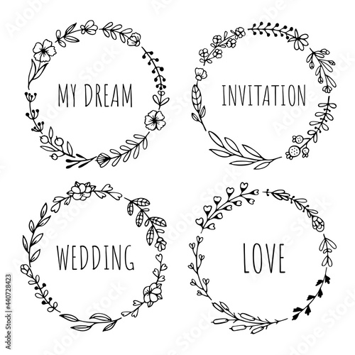 Set of black doodle round frames, vignettes for bullet journal, notebook, diary, and planner isolated on white background. Hand-drawn wreaths with space for your text 