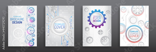 Contemporary science and digital technology concept. Vector template for brochure or cover with gears, mechanical elements background. Blue layout futuristic brochures, flyers, placards.