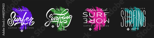 California beach surfing related trendy t-shirt apparel design set. Surf slogan collection quotes and hand made typography composition. Vector illustration.