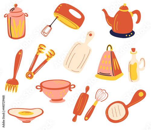 kitchen accessories set. kitchenware and utensils. Hand mixer, grater, whisk, chopping board, cans, colander, kettle. For modern recipe card template set for cookbook. Vector flat illustration.