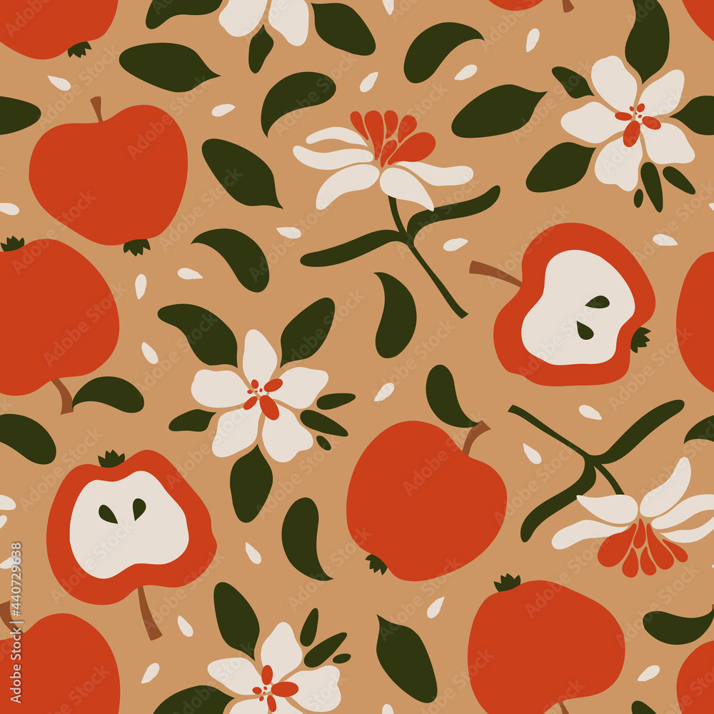 Seamless pattern with apples, whole fruits and halves, with flowers ...