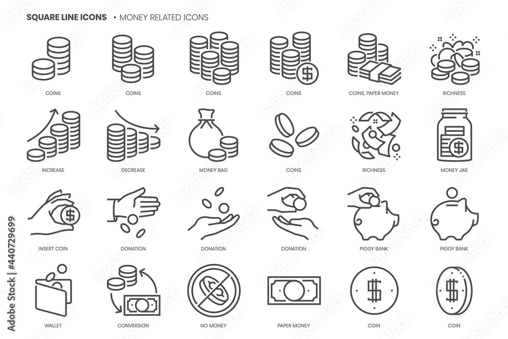 Fototapeta premium Money related concepts , square line vector icon set.