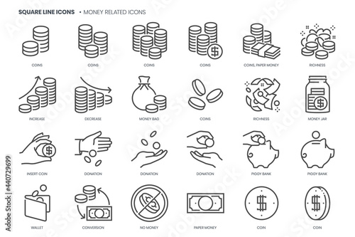 Money related concepts , square line vector icon set.