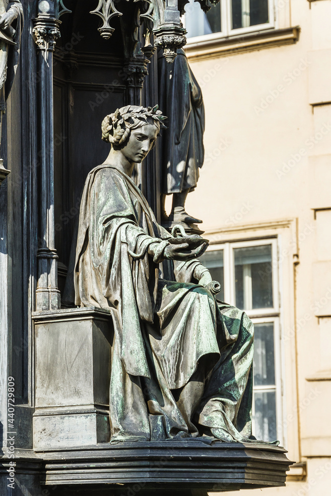 Historical statue (1848) of Charles IV (Karel IV) near Charles Bridge. Charles IV - Holy Roman Emperor, was the second king of Bohemia. Prague, Czech Republic.