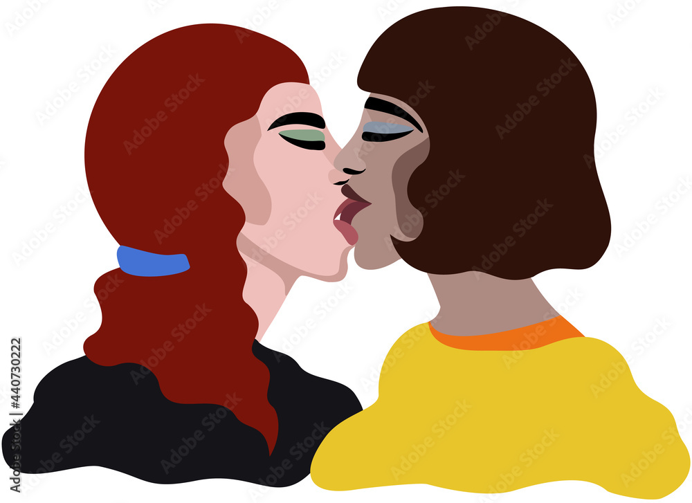 Vector isolated illustration of kissing girls in flat style.