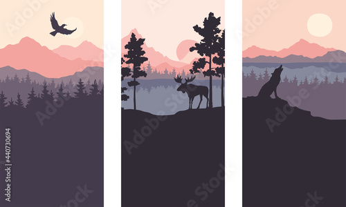 Abstract landscape with mountains, firs and wild animals. Three vector illustrations. Twilight, sunset.	
