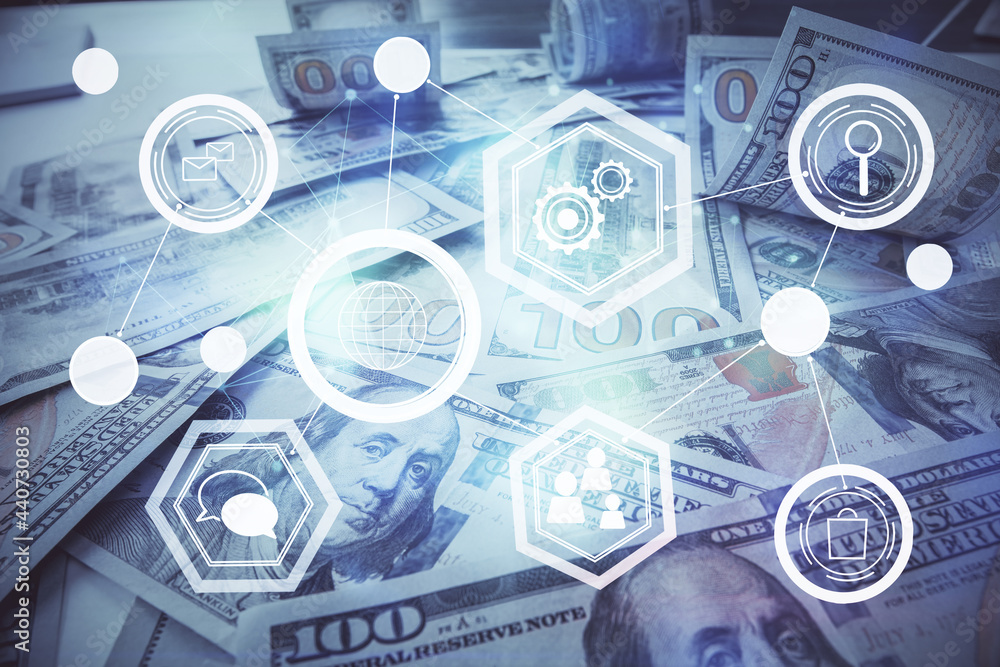 Multi exposure of social network drawing over us dollars bill background. Concept of people connection. Multi exposure of social network drawing over us dollars bill background. Concept of people connection.