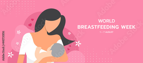 World Breastfeeding Week banner with Mom Breastfeeding baby on pink background vector design