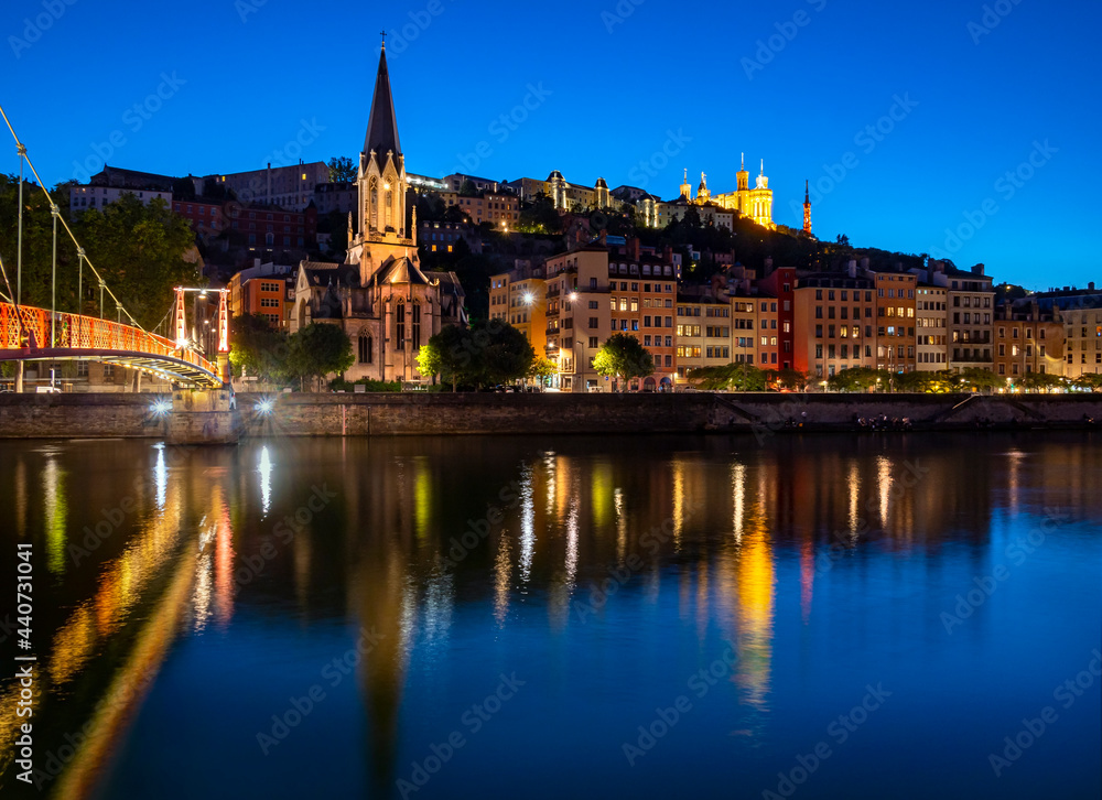Niight view in Lyon city, France