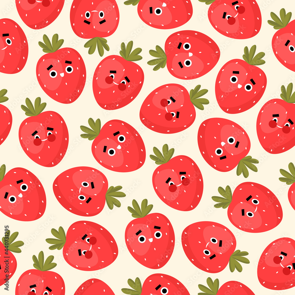 Strawberry pattern with face emotions in flat cartoon style. Fruits background. Strawberry with eyes vector stock illustration Strawberry pattern with face emotions in flat cartoon style. Fruits background. Strawberry with eyes vector stock illustration