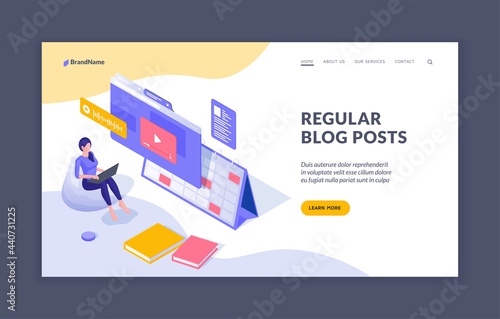 Regular posting information in blog. Woman blogger uploads new video to online channel. Social marketing to attract new viewers and subscribers. Vector isometric landing page template