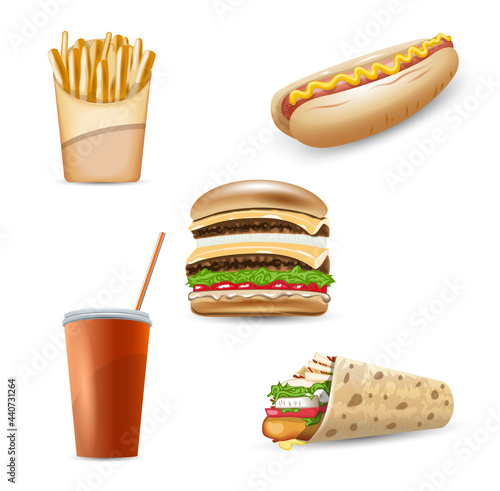 Fast food vector icon set. Burger, hot dog, french fries, soda and kebab in pita