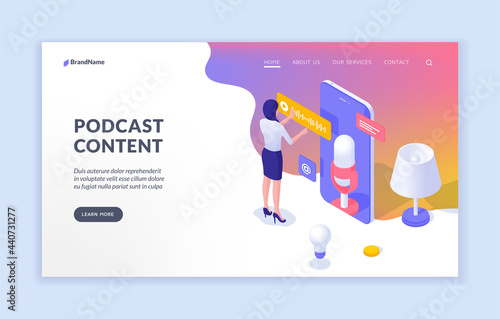 Selection content for podcast. Presenter prepares digital equipment for broadcasting. Live social entertainment and web discussions. Communication with bloggers. Vector home page isometric template