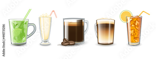 Beverages, drinks set. Soft drink orange, mahito, coffee latte, milkshake, coffee americano. Isolated realistic vector  illustration