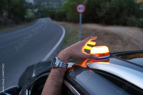 Emergency light for damaged vehicles (luminous beacon V16) . dgt, mandatory to replace by triangles.