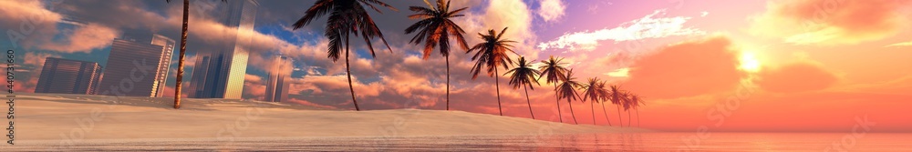 Palm trees on the beach in a row at sunset, Tropical beach with palm trees, dramatic sunset over the sea ,, 3D rendering