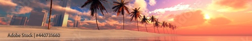 Palm trees on the beach in a row at sunset, Tropical beach with palm trees, dramatic sunset over the sea ,, 3D rendering © ustas
