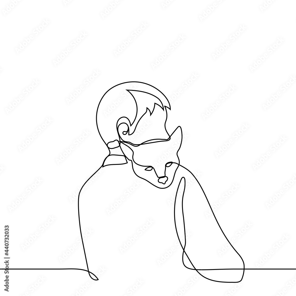 owner holds dog on his hands, the dog put head on the shoulder to man - one line drawing. dog lovers concern about pet, vet soothes a puppy on his shoulder,