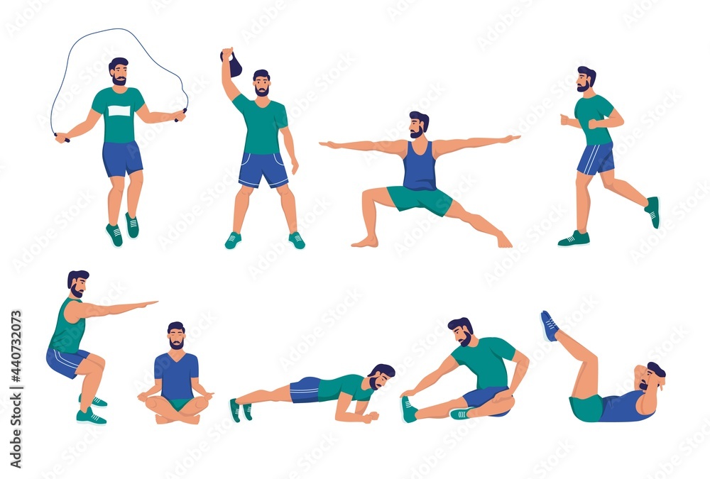 A set of young men playing sports. Squats, push-ups, plank, meditation, yoga, stretching. Sports at home, street workout, healthy lifestyle. Flat cartoon vector illustration.