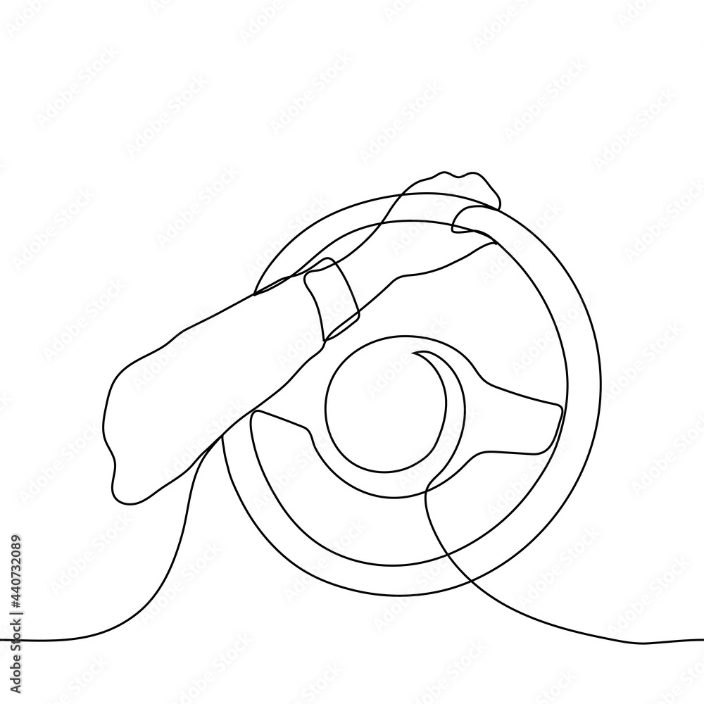 hand holds the steering wheel one line drawing. Concept of car
