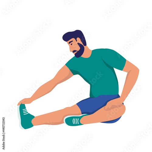 A young man stretches on the floorll. Sports at home, healthy lifestyle. Flat cartoon vector illustration.