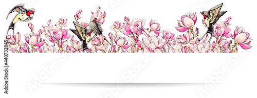 Horizontal border with sakura pink flowers and swallow or martlet bird. Spring frame for design with cherry tree flower. Decorative floral divider with shadow and copy space. Vector stock illustration
