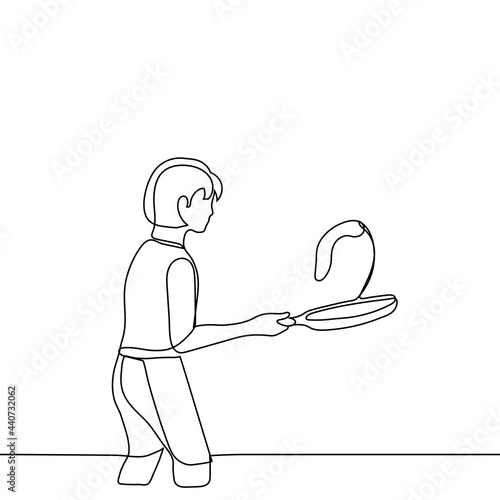 woman threw a pellet or omelet from the frying pan right into the air to turn over - one line drawing. Professional cooking concept, woman chef performs tricks with eating throw