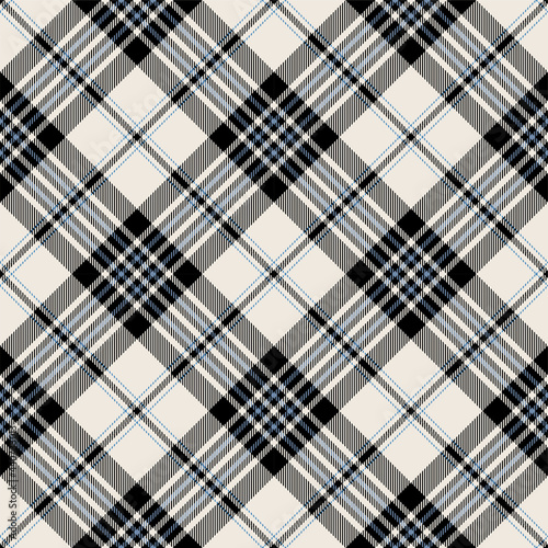 Black, white and blue argyle striped plaid. Tartan pattern close-up for textile, paper and other prints.